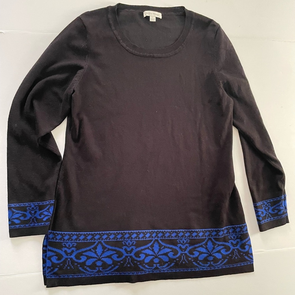 Studios works Women's Round Neck Long Sleeves Tunic Blouse Black/ blue Size L
